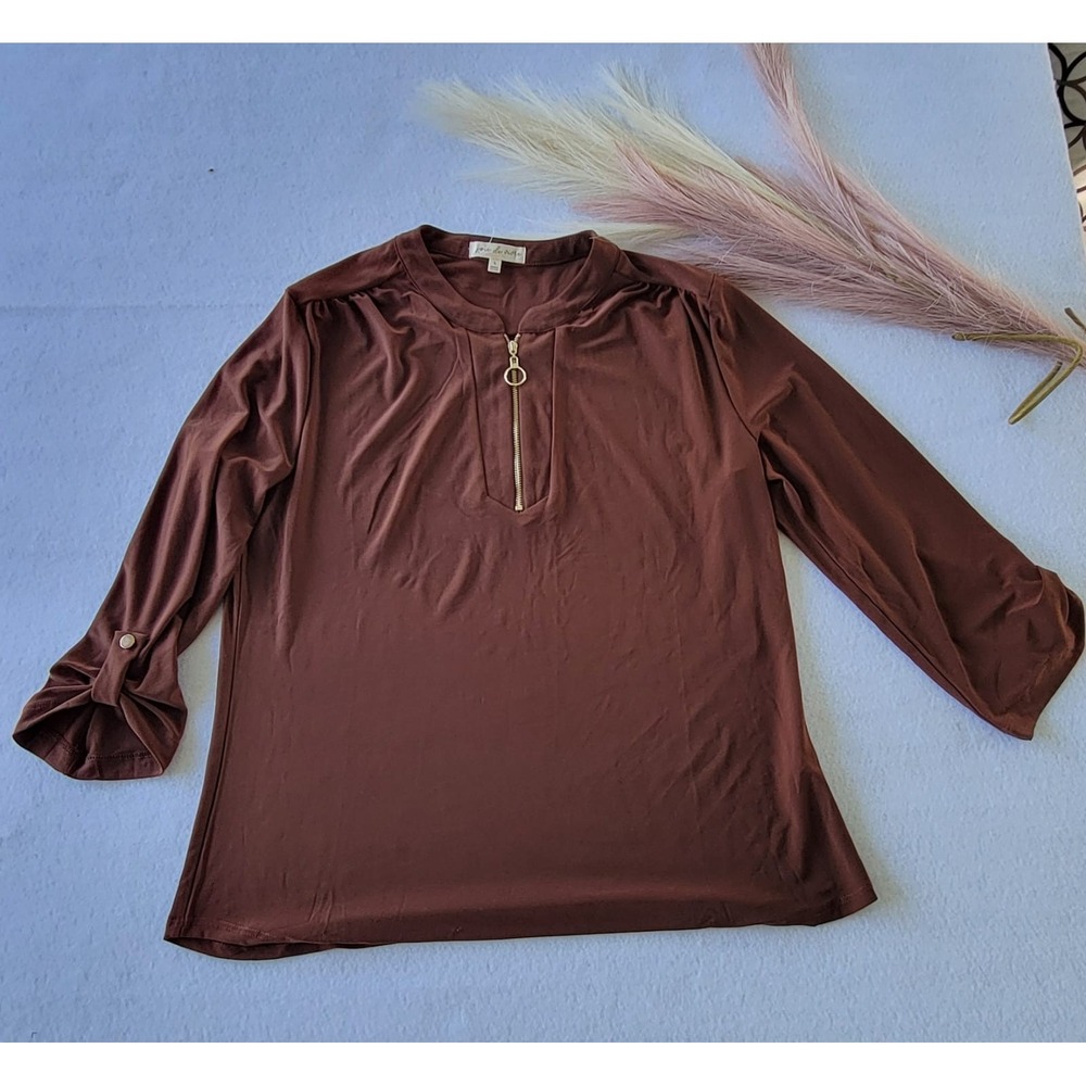 Joie de Vivre Blouse Women's ‎ Size Large Brown Roll Tab Sleeves With Zipper
